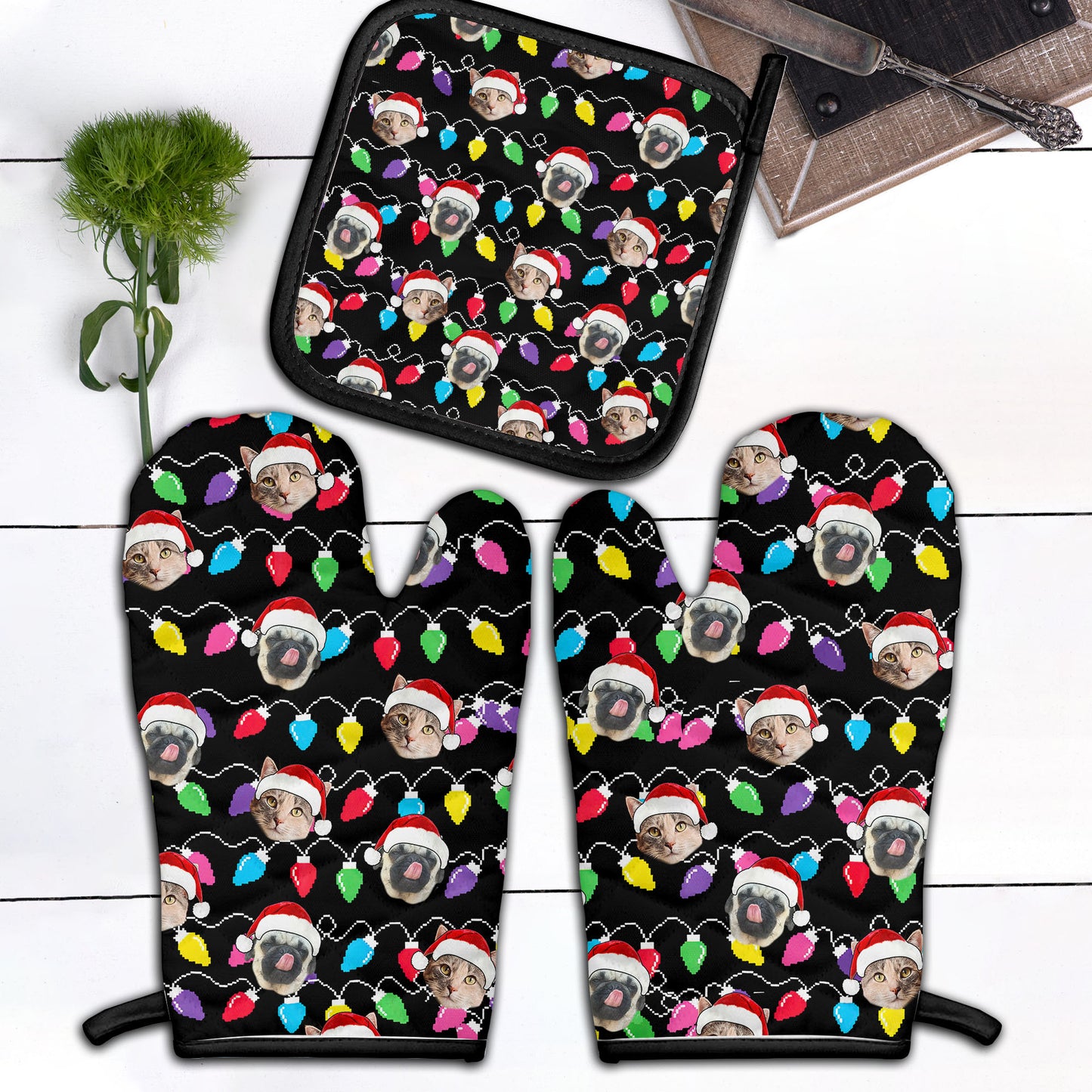 Personalized Pet Dog Cat Christmas Light Apron Oven mitt And Pot Holder Set