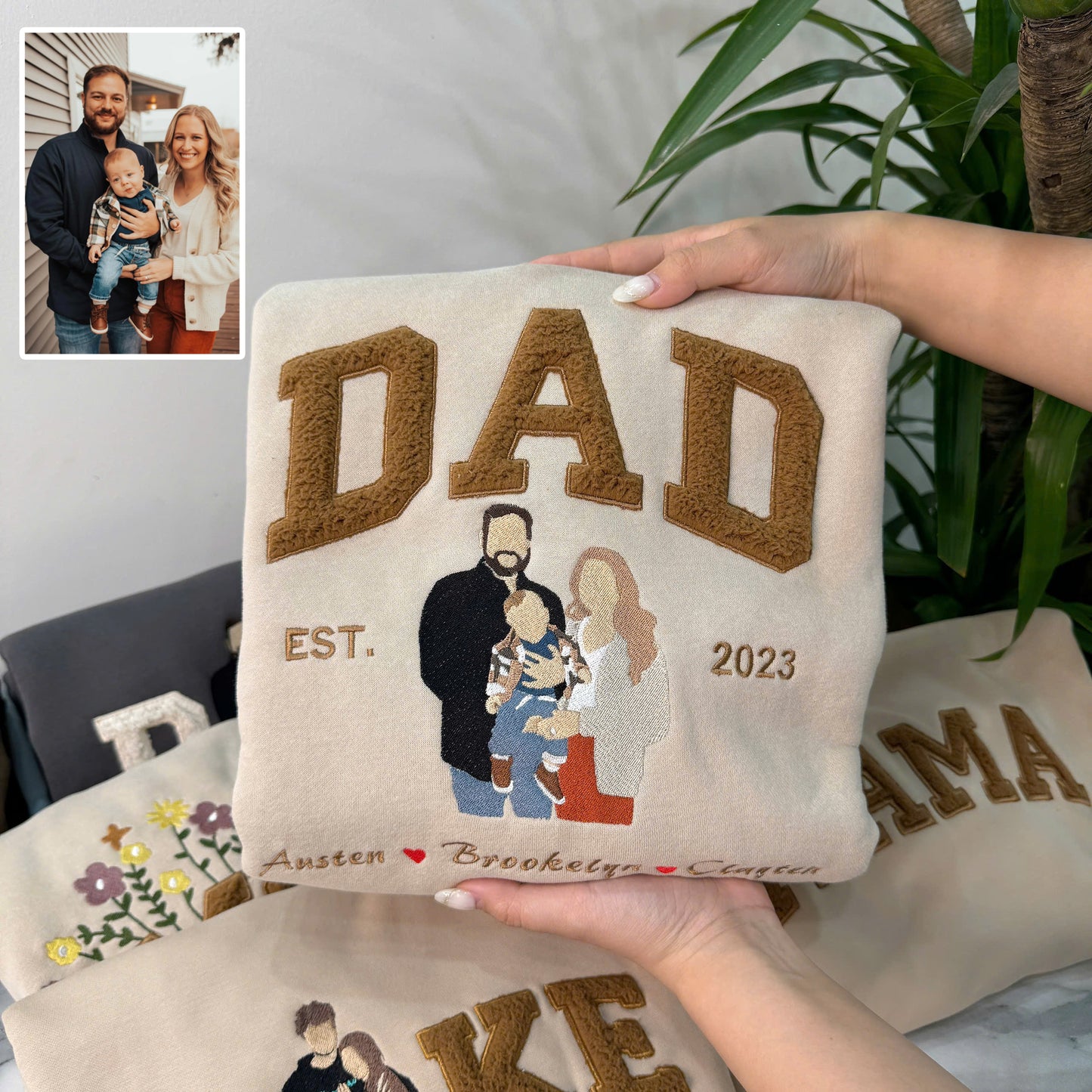 Mother's Day Father's Day Photo Personalized Fleece Fabric Embroidered DAD Hoodie Sweatshirt T-Shirt