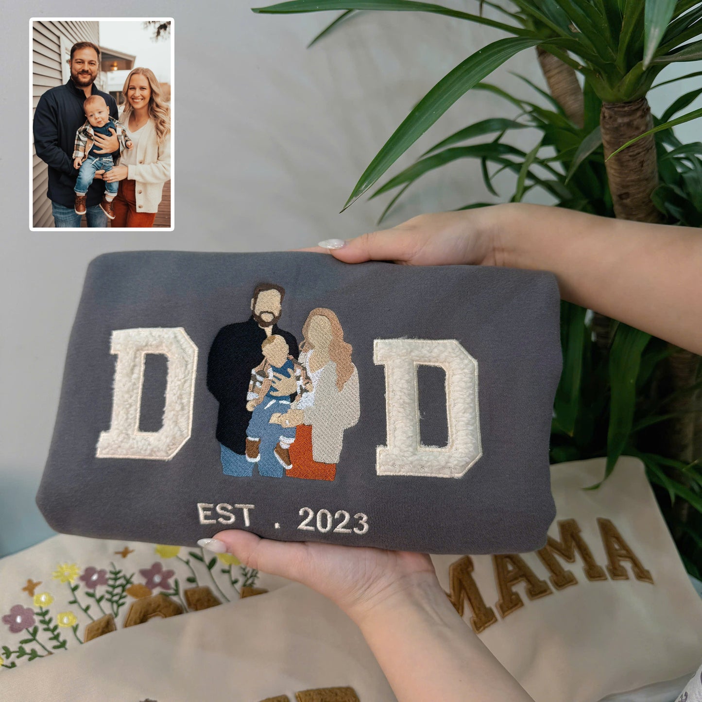 Father's Day Mother's Day Photo Personalized Fleece Fabric Embroidered DD MM Hoodie Sweatshirt T-Shirt