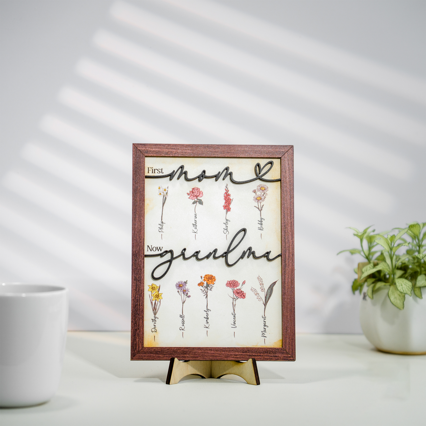 Mother's Day Personalized Birth Month Flower Sign First Mom Now Grandma Wooden Floral Name Frame
