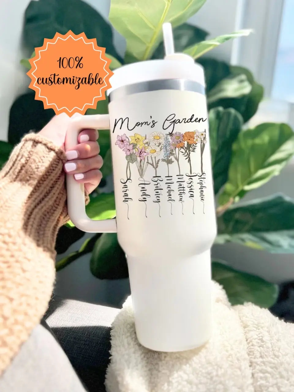 Mom's Garden Insulated Mug With Handle And Straw Stainless Steel Cup For Car Home
