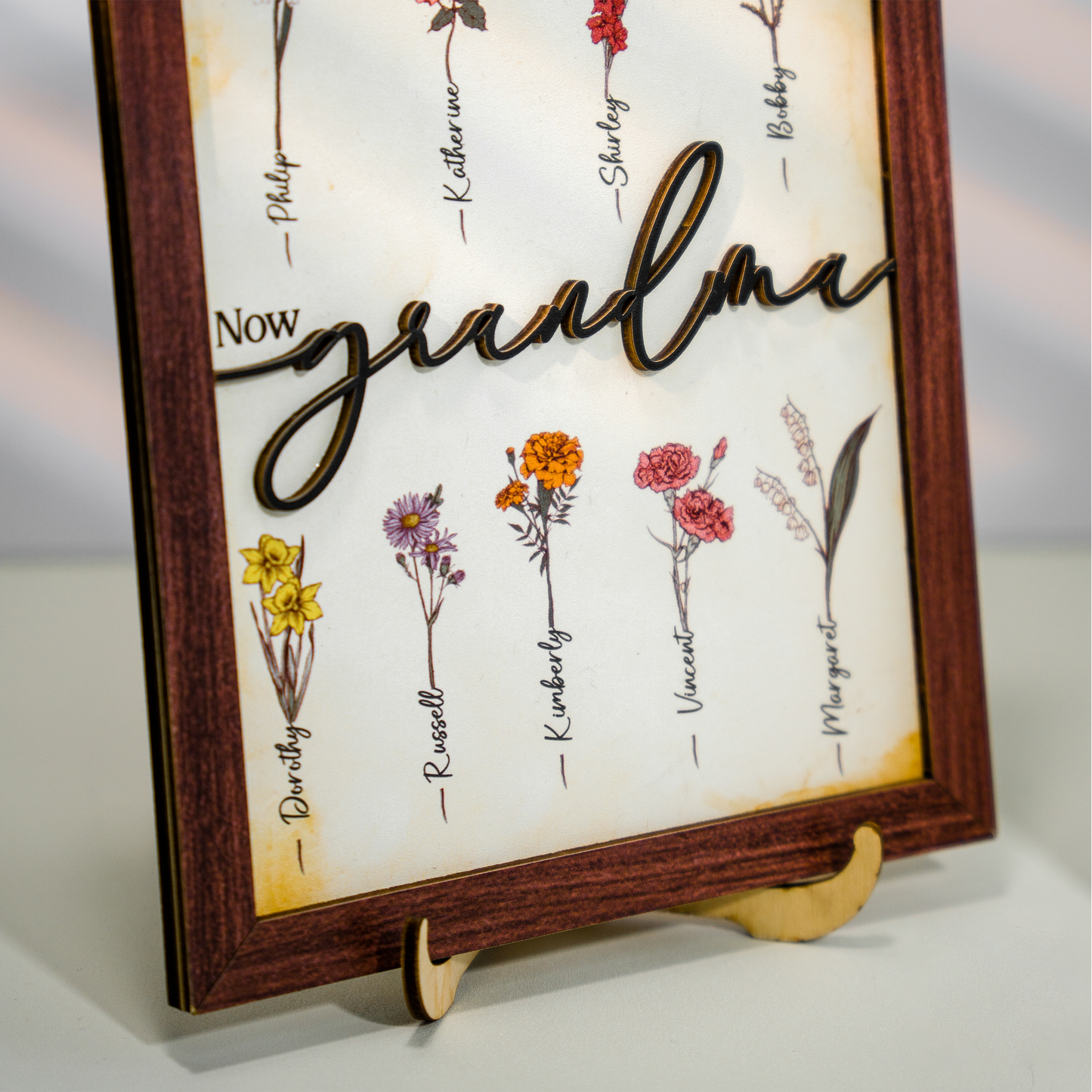 Mother's Day Personalized Birth Month Flower Sign First Mom Now Grandma Wooden Floral Name Frame