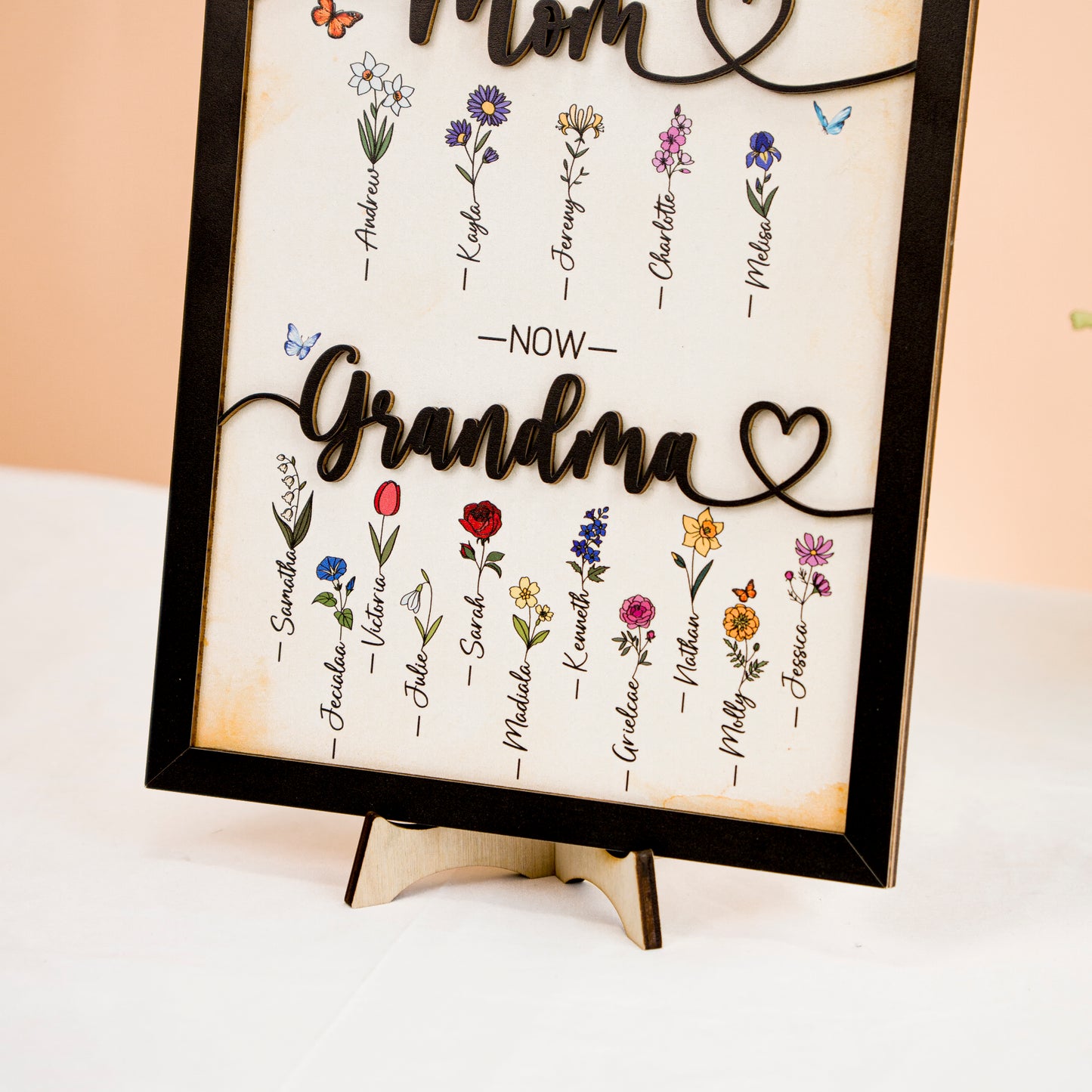 Mother's Day Personalized Birth Month Flower Sign First Mom Now Grandma Wooden Floral Name Frame