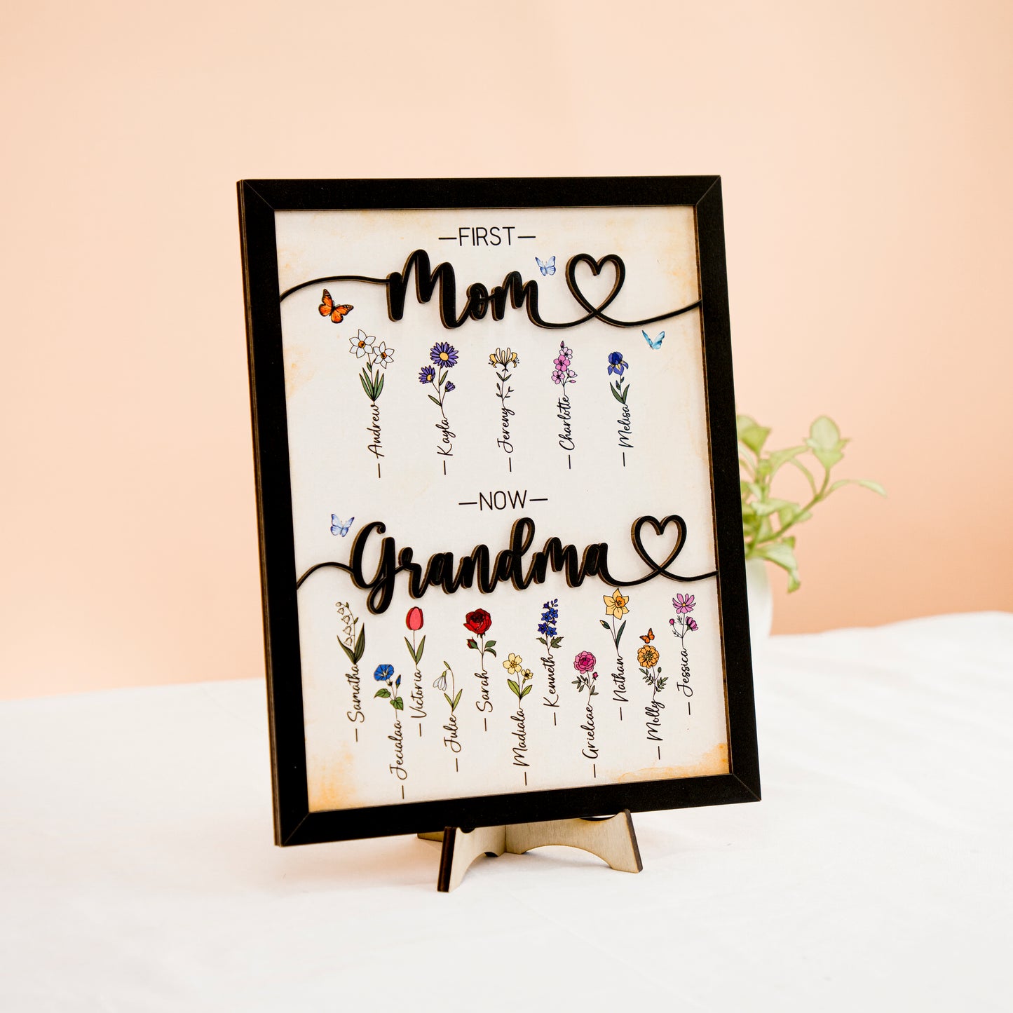 Mother's Day Personalized Birth Month Flower Sign First Mom Now Grandma Wooden Floral Name Frame