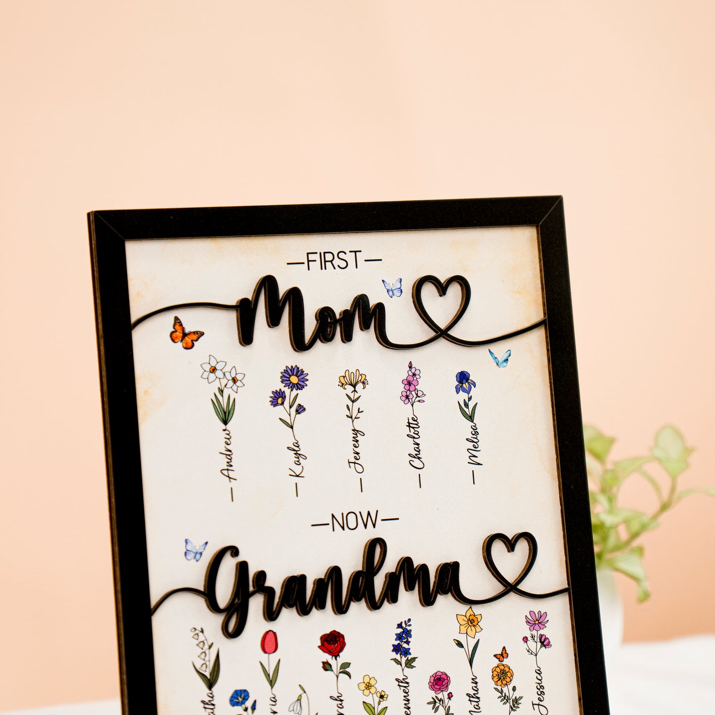 Mother's Day Personalized Birth Month Flower Sign First Mom Now Grandma Wooden Floral Name Frame
