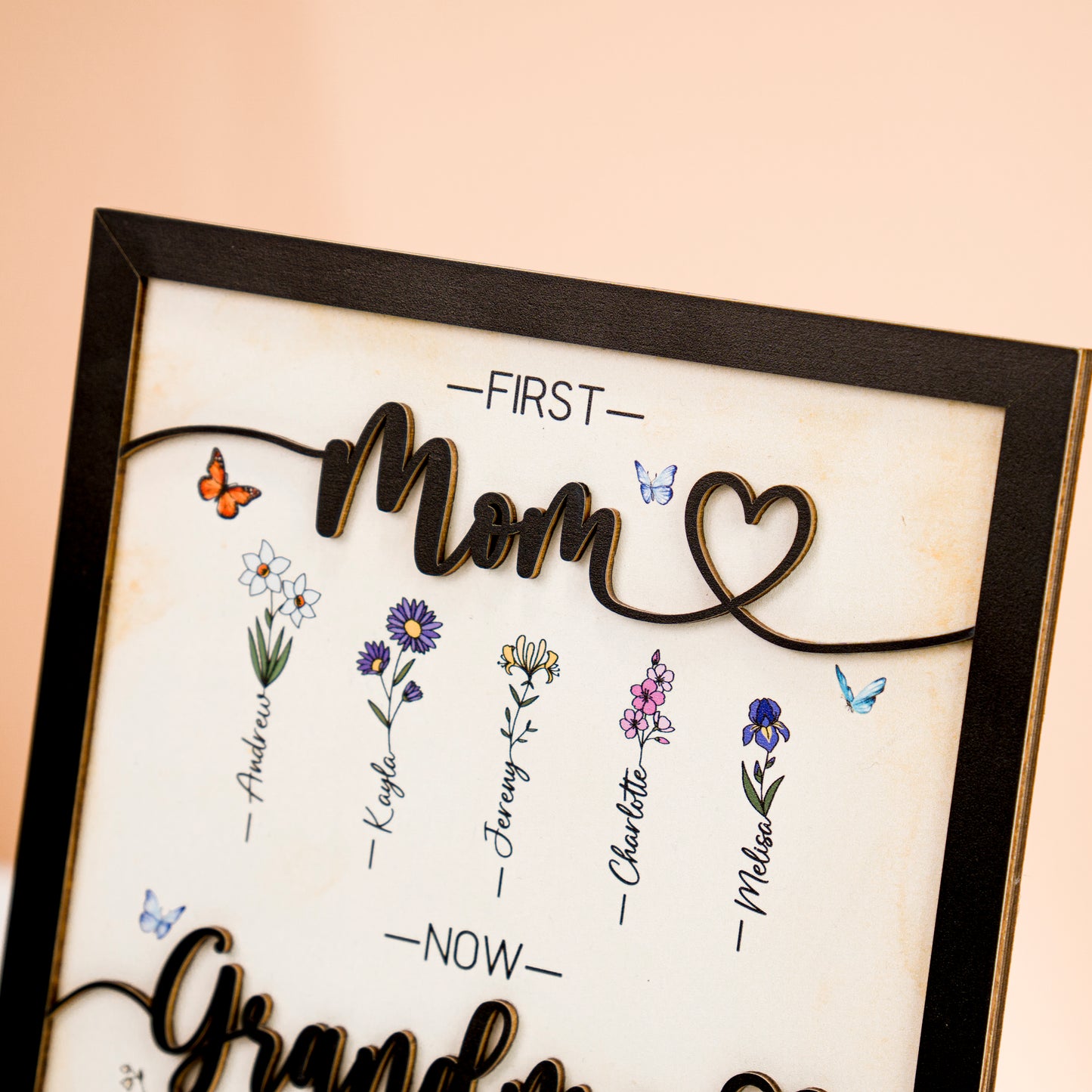 Mother's Day Personalized Birth Month Flower Sign First Mom Now Grandma Wooden Floral Name Frame