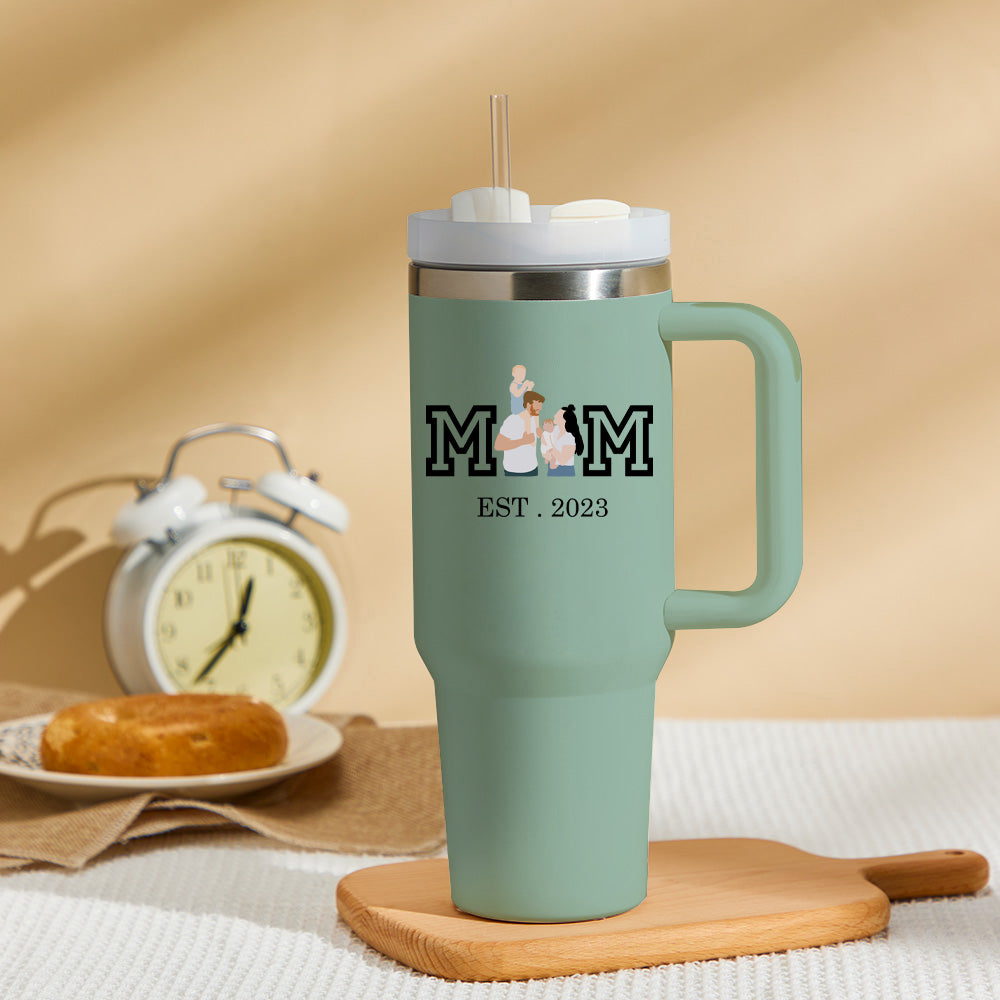 Mother's Day Mom Hearts Personalized Text 40oz Insulated Mug with Handle and Straw Stainless Steel Custom Travel Cup Gift for Family Friends Couples