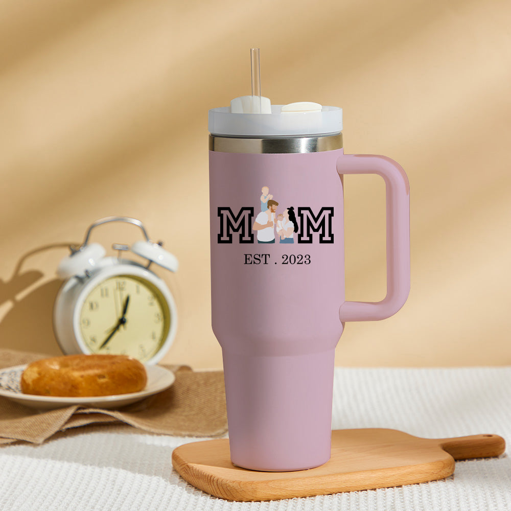 Mother's Day Mom Hearts Personalized Text 40oz Insulated Mug with Handle and Straw Stainless Steel Custom Travel Cup Gift for Family Friends Couples