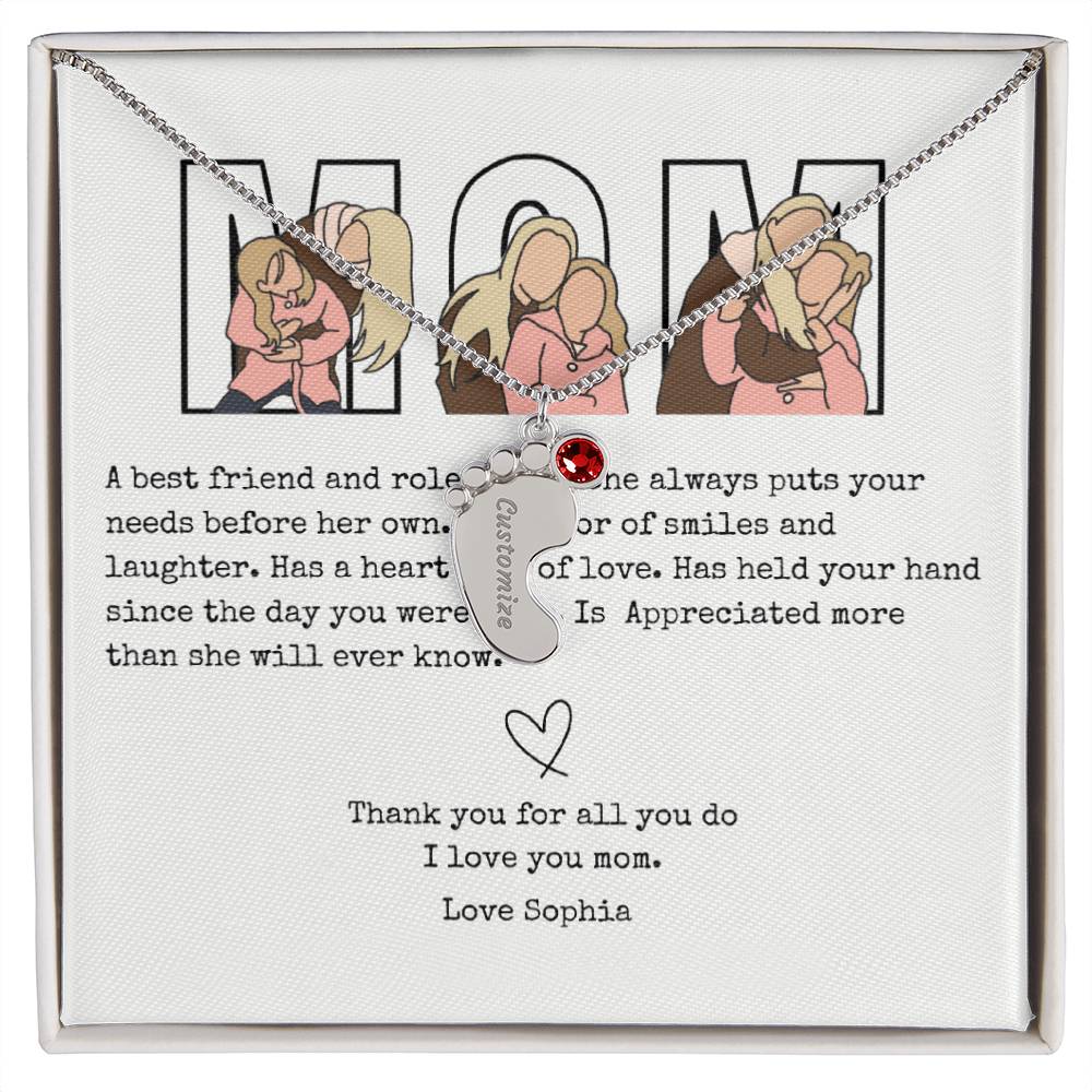 Personalized Mom Engraved Baby Feet Necklace with Birthstone