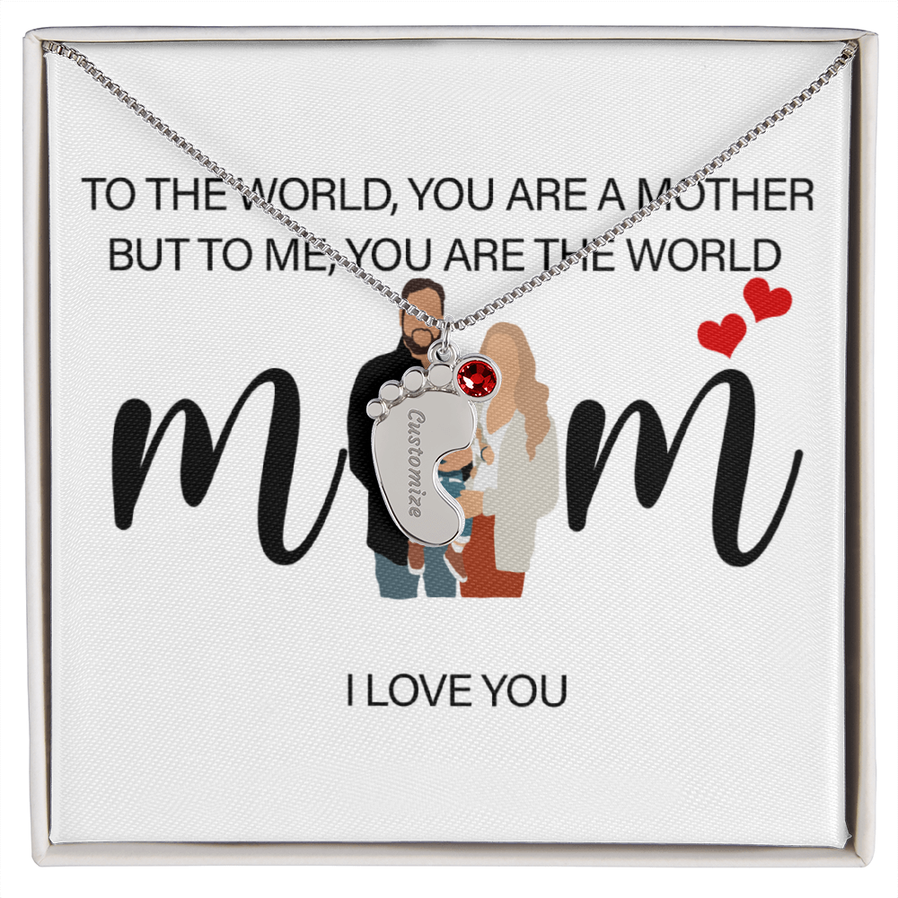 Personalized Mom I Love You Engraved Baby Feet Necklace with Birthstone