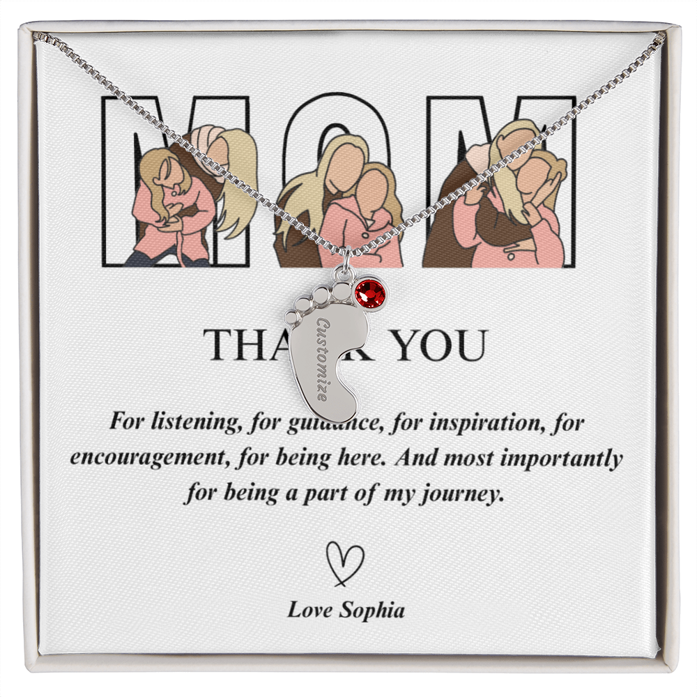 Personalized Thank You Mom Engraved Baby Feet Necklace with Birthstone