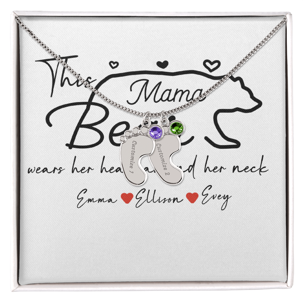 Personalized Mama Bear Engraved Baby Feet Necklace with Birthstone