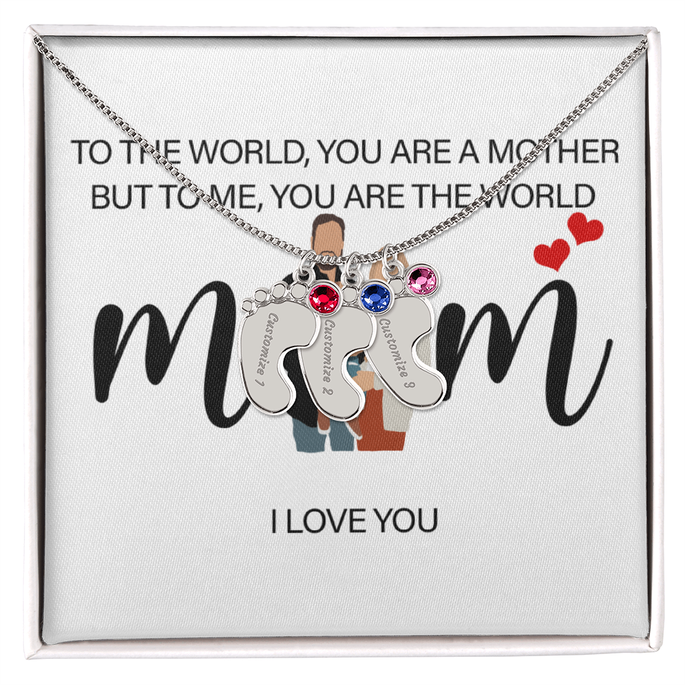 Personalized Mom I Love You Engraved Baby Feet Necklace with Birthstone