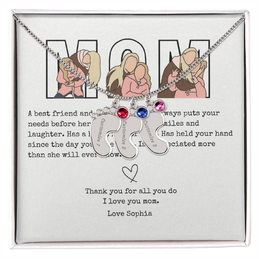 Personalized Mom Engraved Baby Feet Necklace with Birthstone