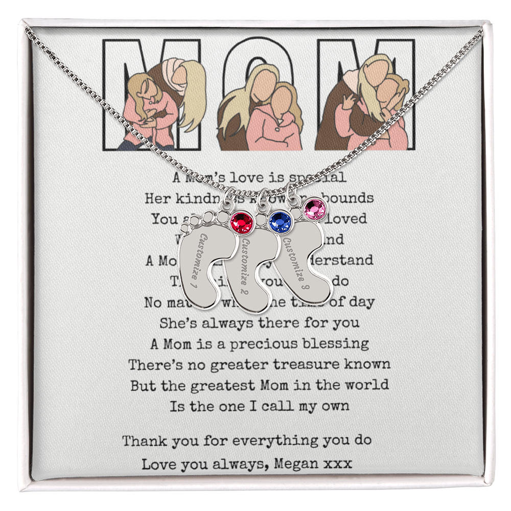 Personalized Mom Engraved Baby Feet Necklace with Birthstone