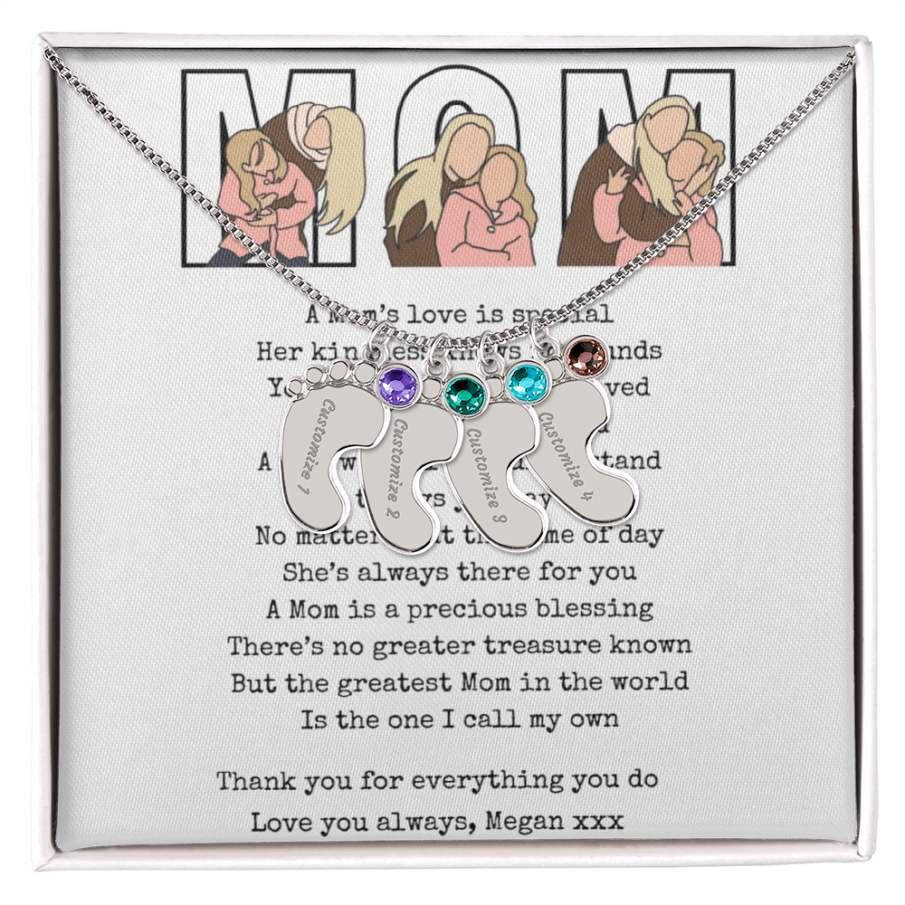 Personalized Mom Engraved Baby Feet Necklace with Birthstone