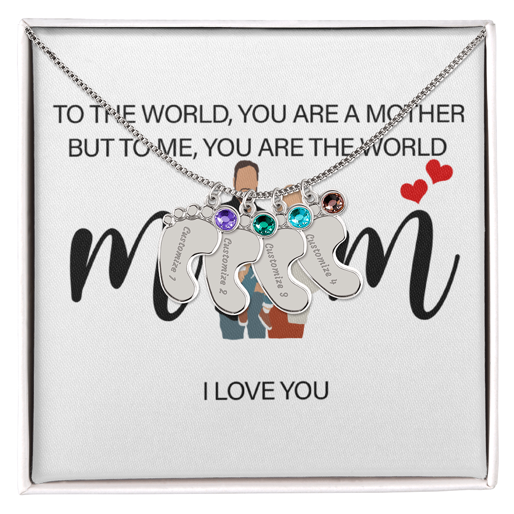 Personalized Mom I Love You Engraved Baby Feet Necklace with Birthstone
