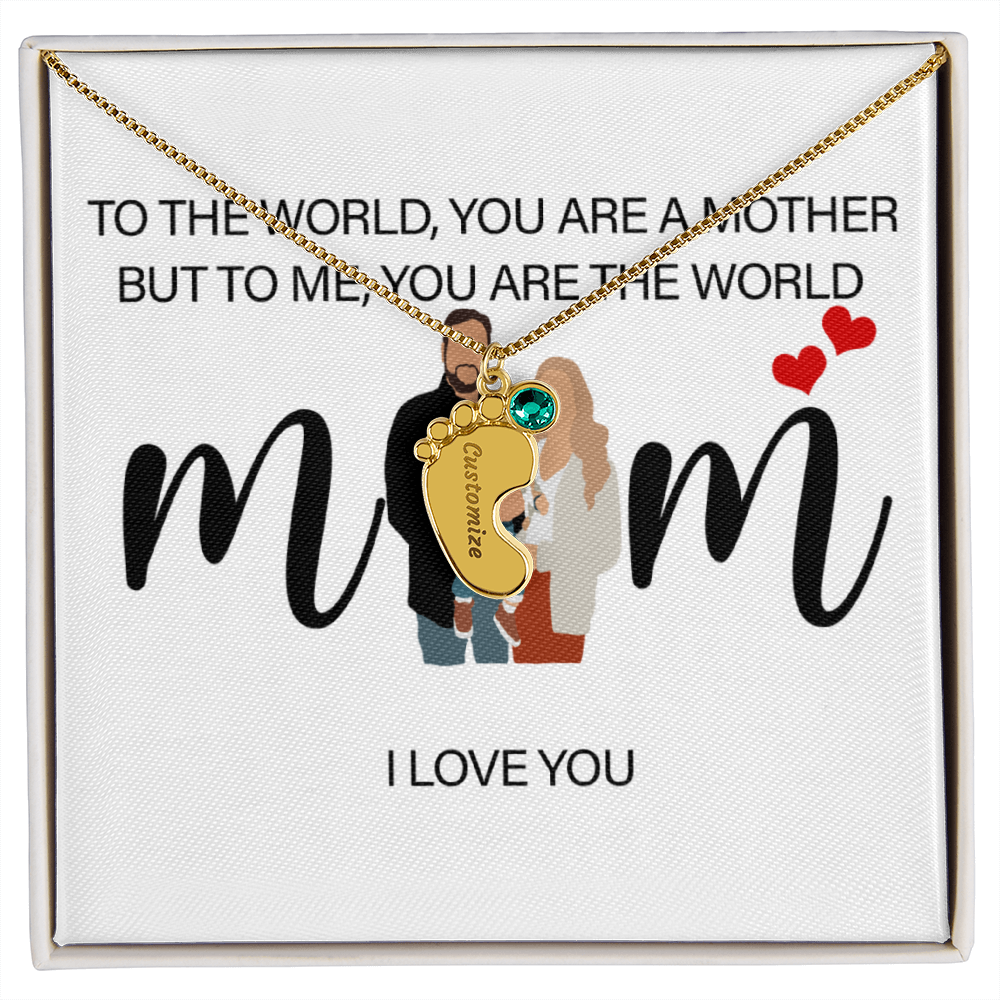 Personalized Mom I Love You Engraved Baby Feet Necklace with Birthstone