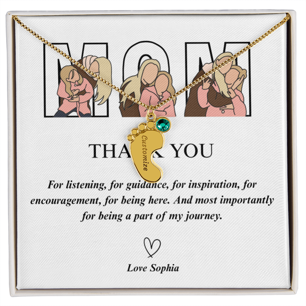 Personalized Thank You Mom Engraved Baby Feet Necklace with Birthstone