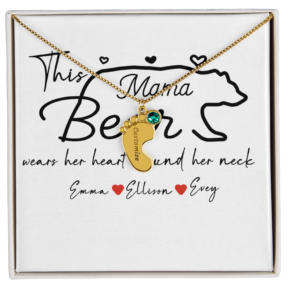 Personalized Mama Bear Engraved Baby Feet Necklace with Birthstone