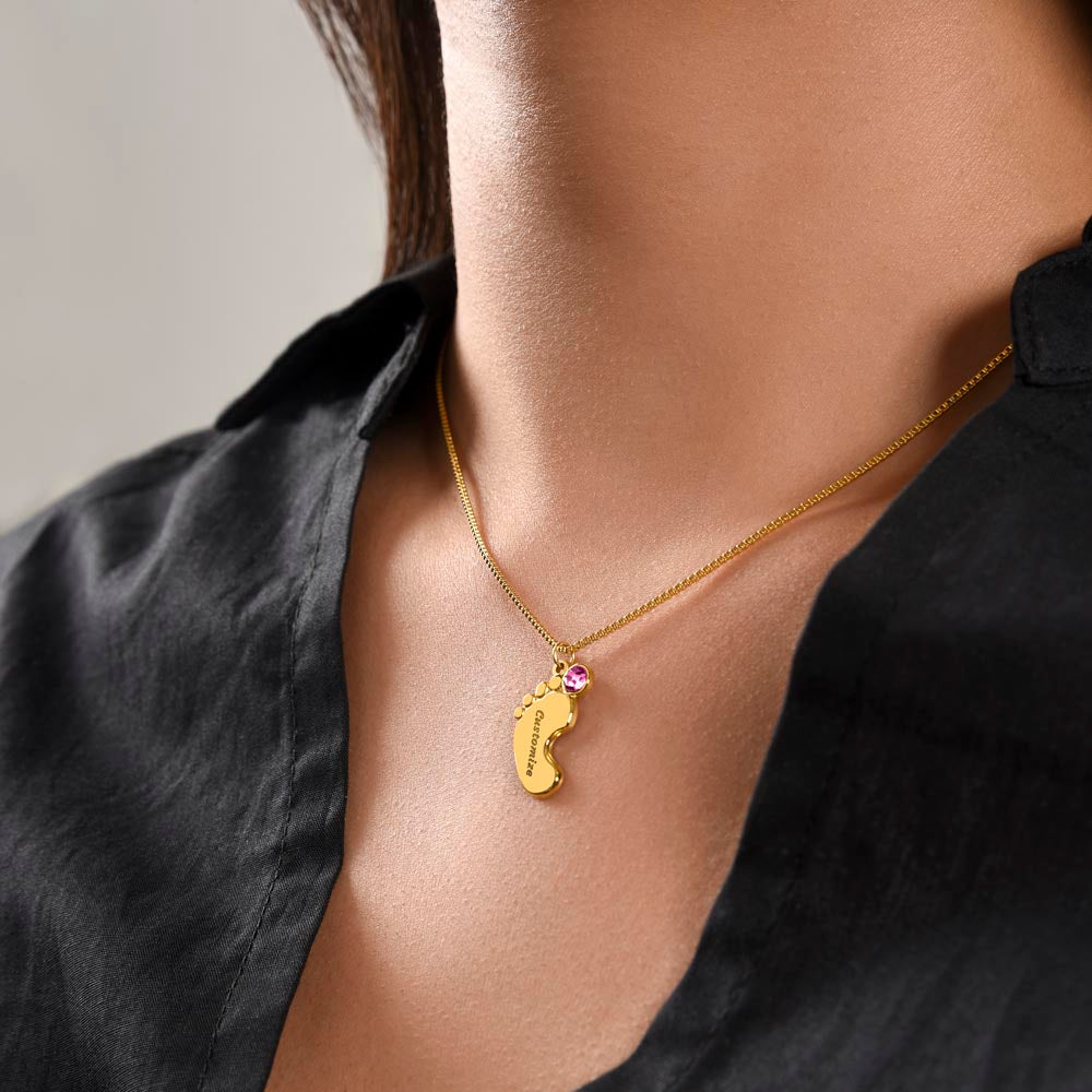 Personalized Mom Engraved Baby Feet Necklace with Birthstone