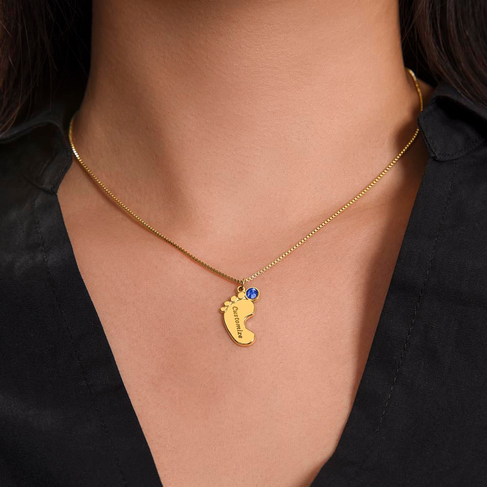 Personalized Thank You Mom Engraved Baby Feet Necklace with Birthstone