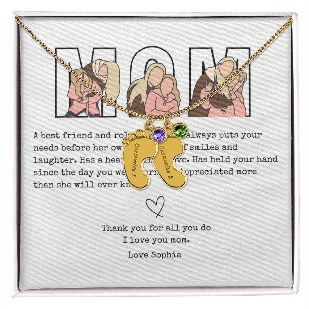 Personalized Mom Engraved Baby Feet Necklace with Birthstone