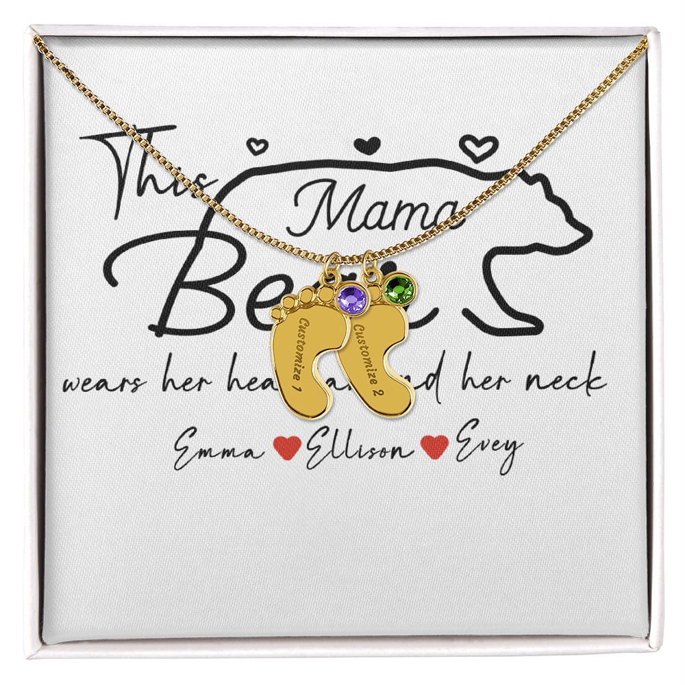 Personalized Mama Bear Engraved Baby Feet Necklace with Birthstone