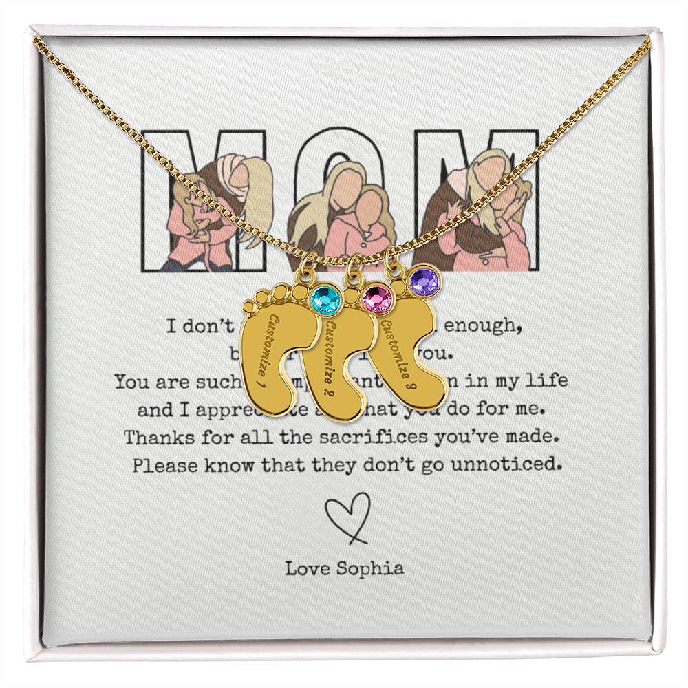 Personalized Mom Engraved Baby Feet Necklace with Birthstone