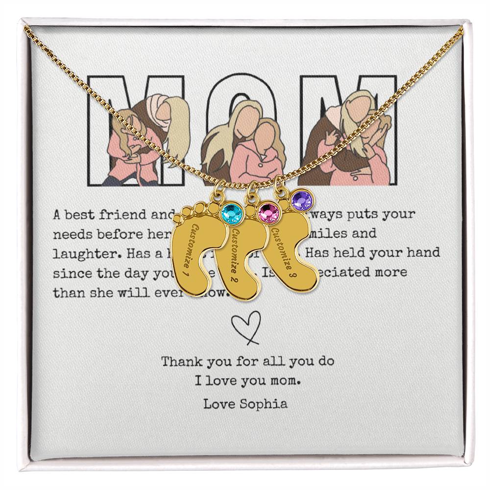 Personalized Mom Engraved Baby Feet Necklace with Birthstone