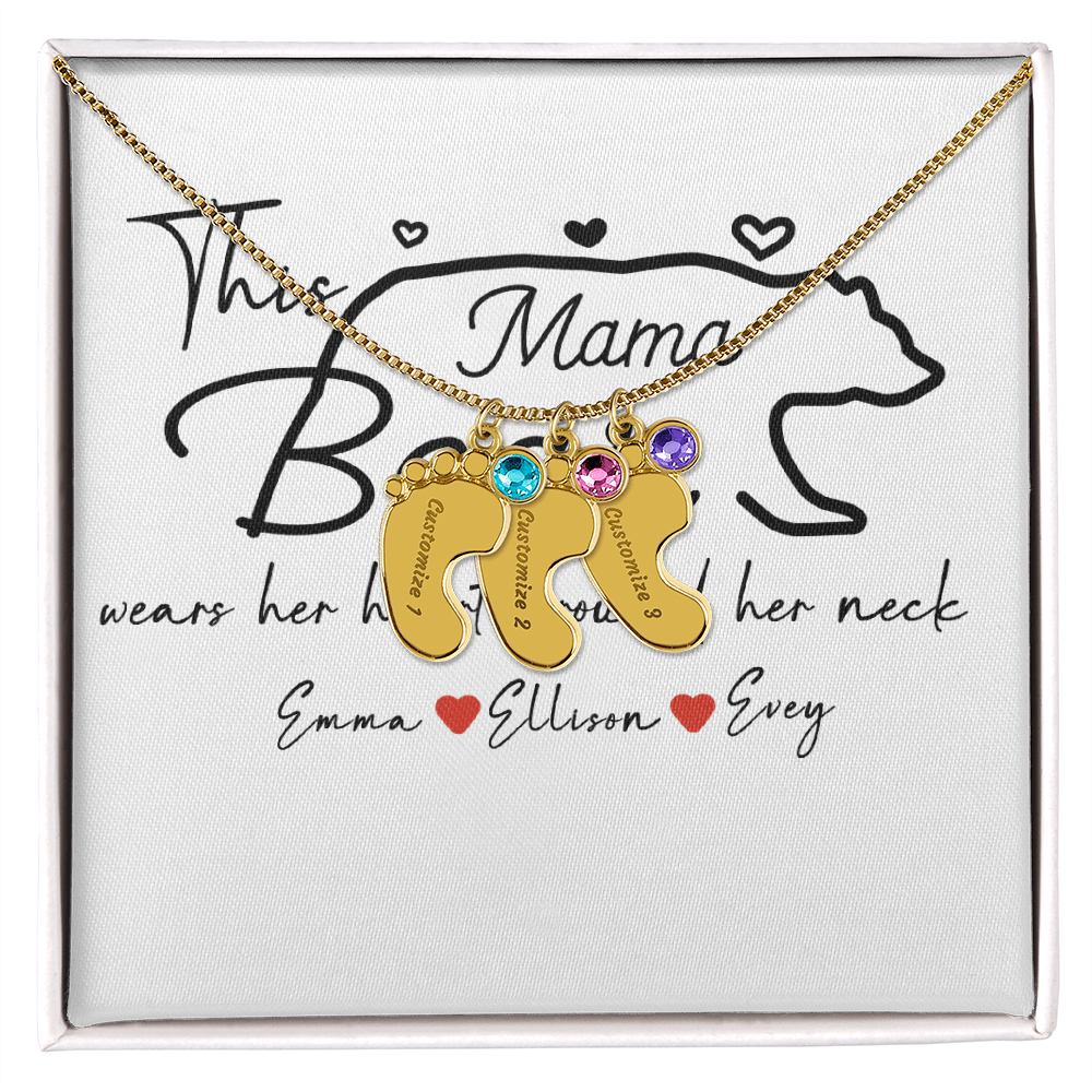Personalized Mama Bear Engraved Baby Feet Necklace with Birthstone