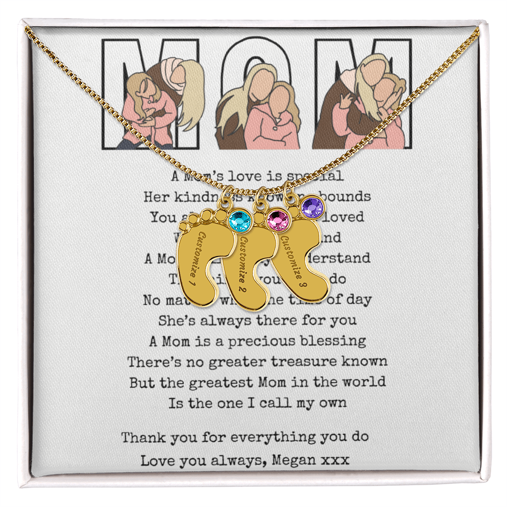 Personalized Mom Engraved Baby Feet Necklace with Birthstone
