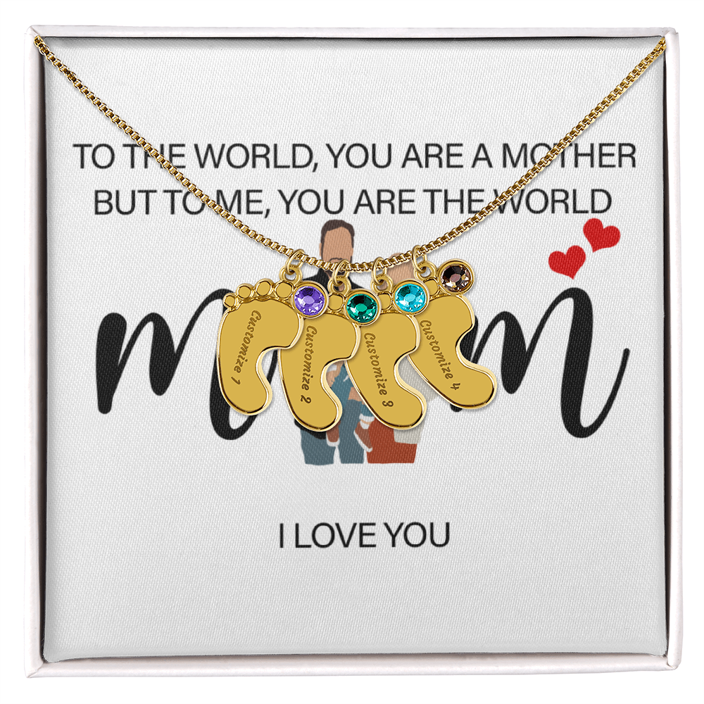 Personalized Mom I Love You Engraved Baby Feet Necklace with Birthstone