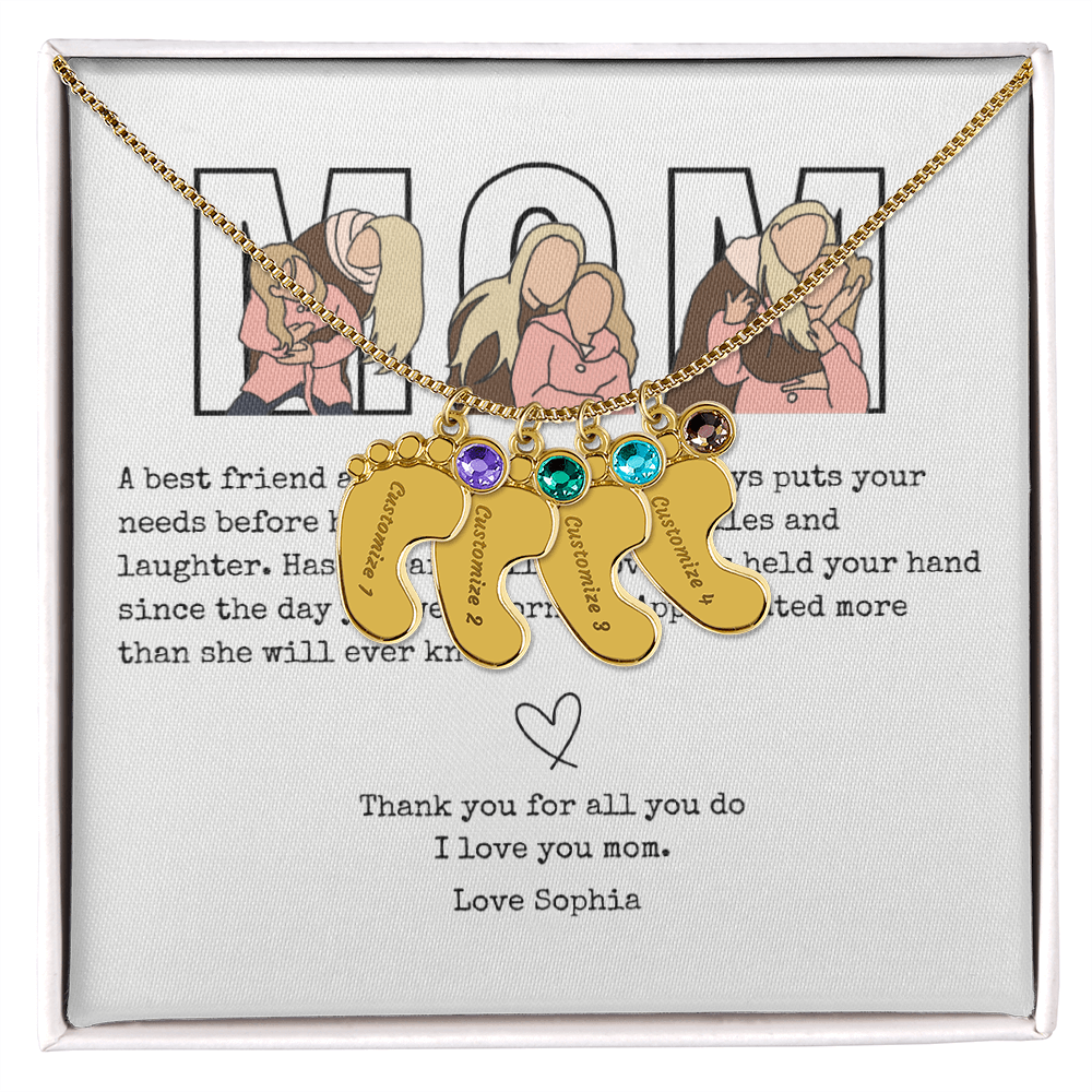Personalized Mom Engraved Baby Feet Necklace with Birthstone