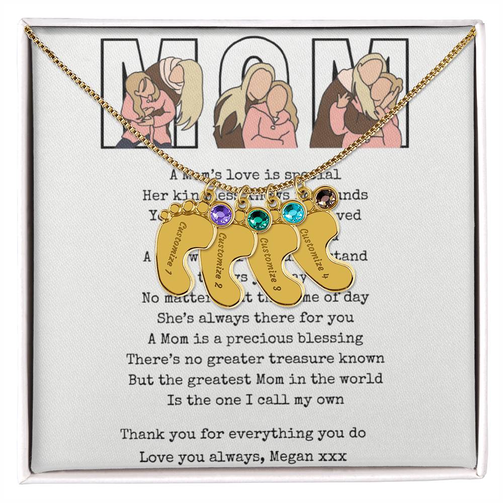 Personalized Mom Engraved Baby Feet Necklace with Birthstone