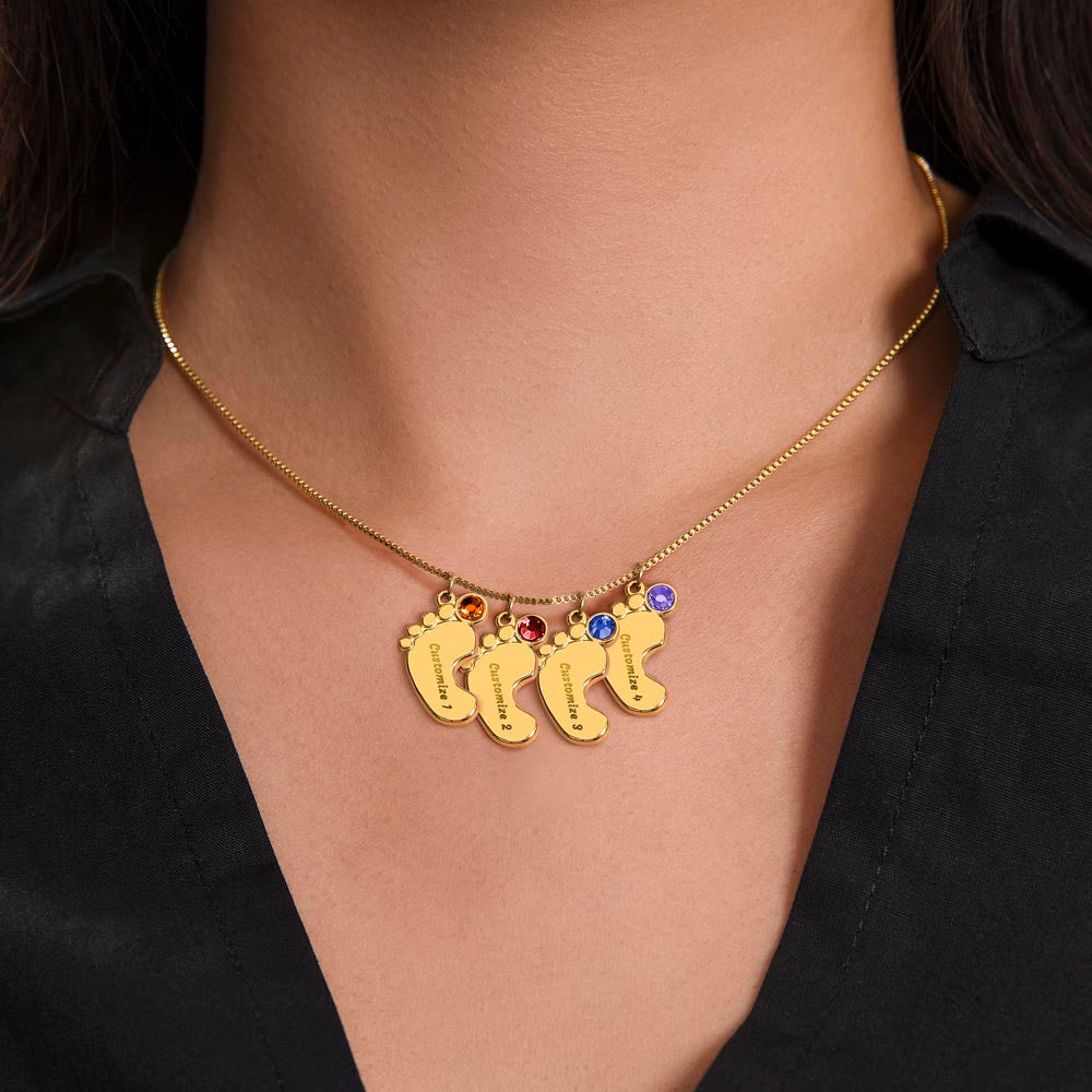 Personalized Mom Engraved Baby Feet Necklace with Birthstone