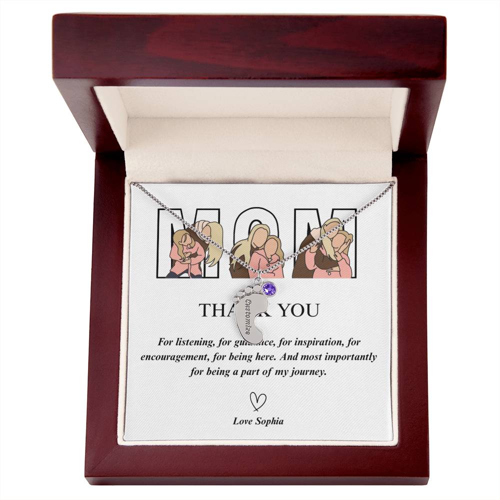 Personalized Thank You Mom Engraved Baby Feet Necklace with Birthstone