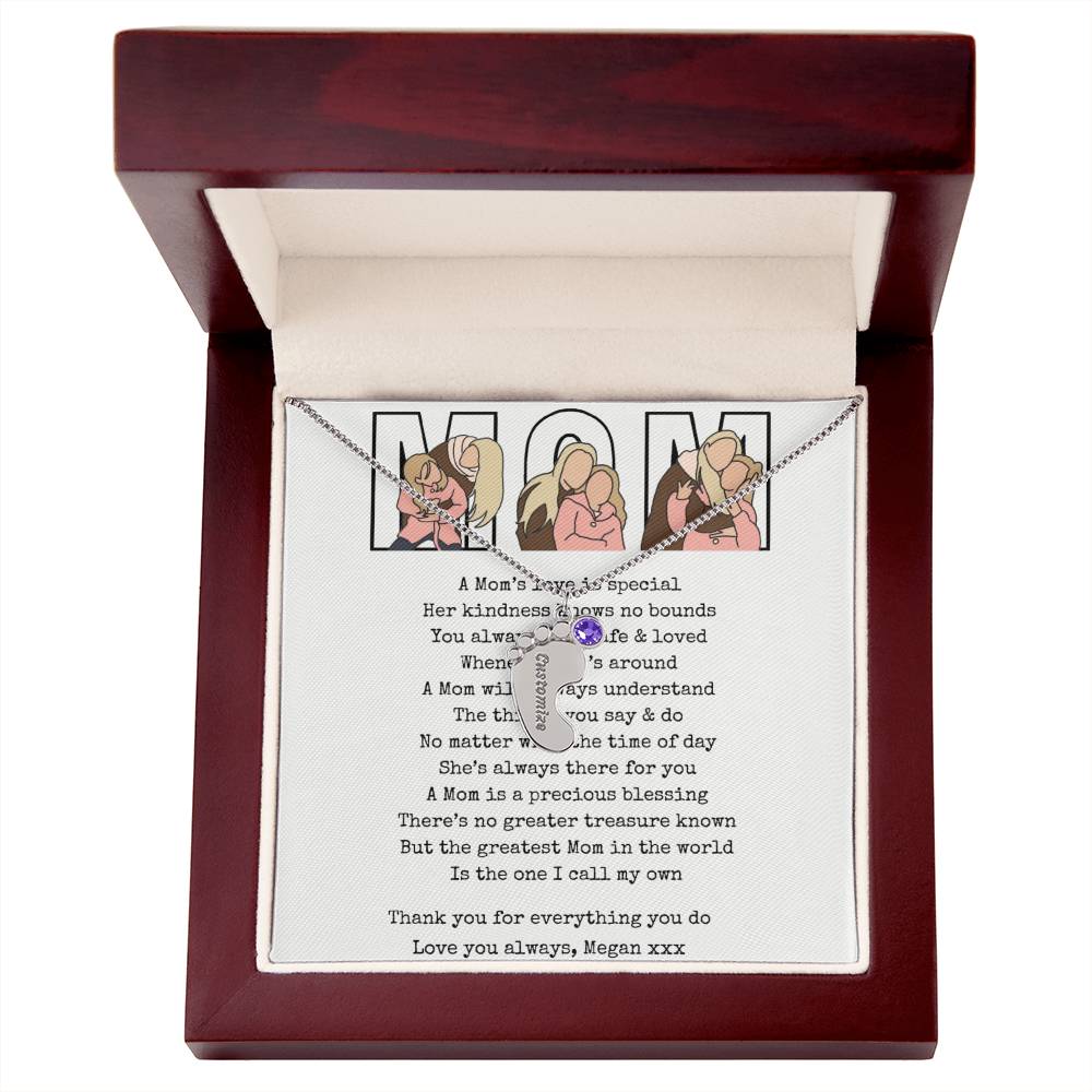 Personalized Mom Engraved Baby Feet Necklace with Birthstone