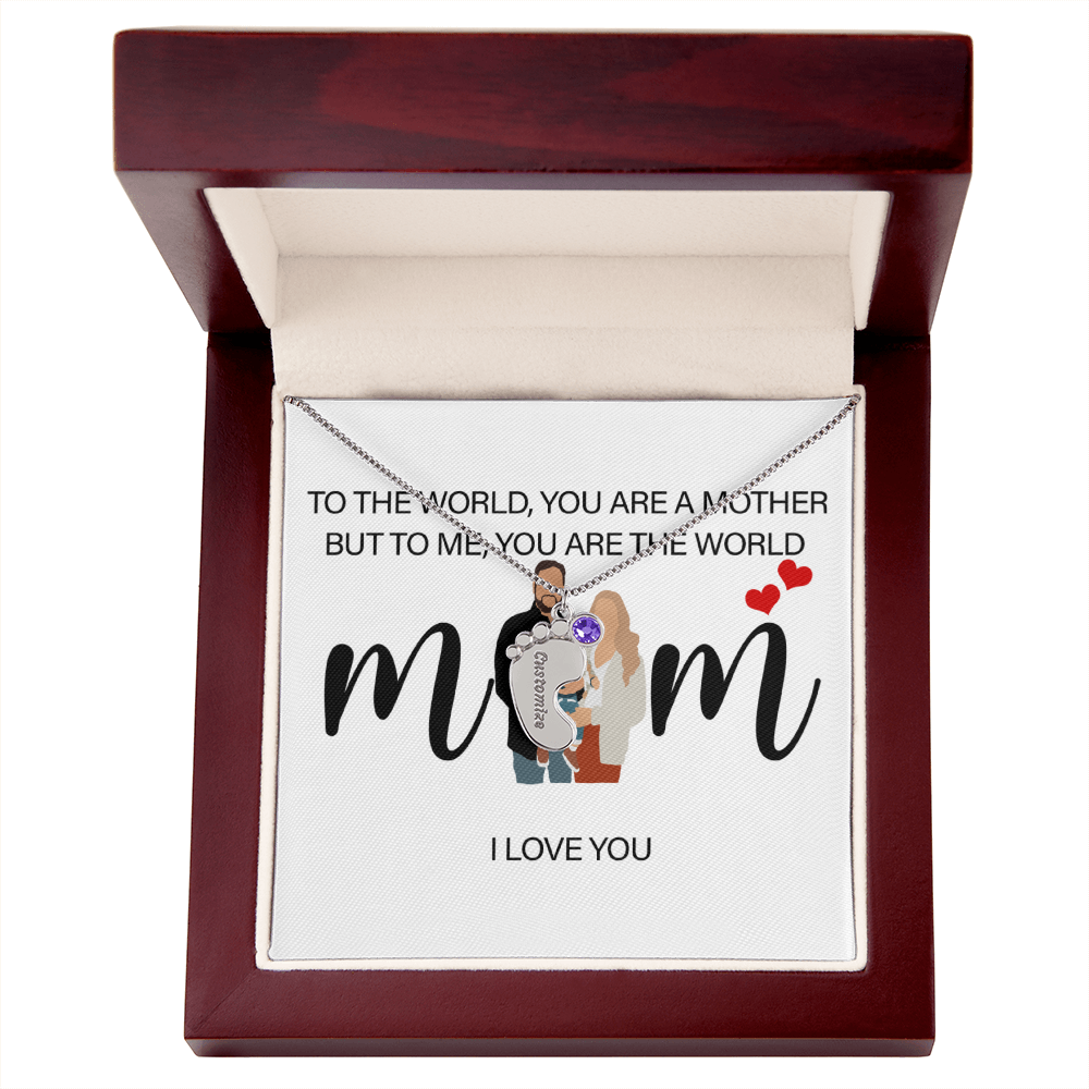 Personalized Mom I Love You Engraved Baby Feet Necklace with Birthstone