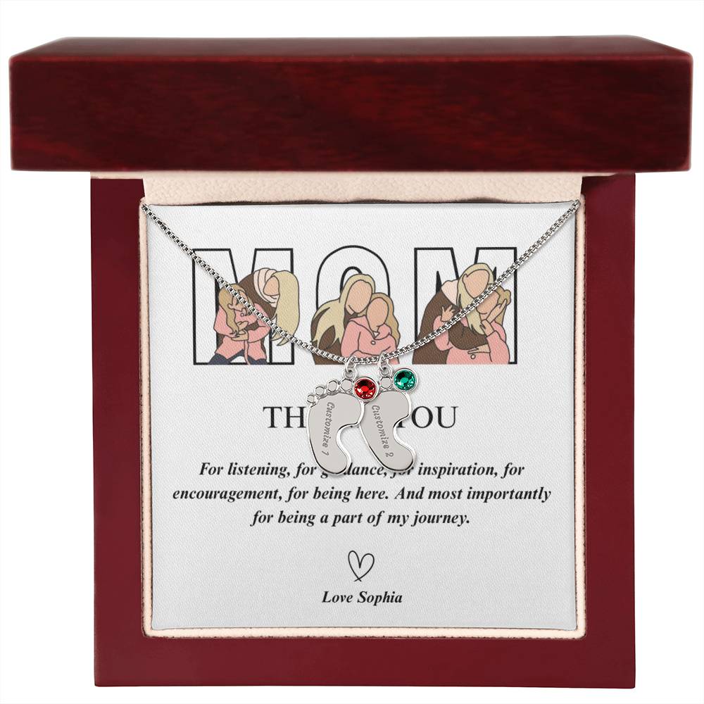 Personalized Thank You Mom Engraved Baby Feet Necklace with Birthstone