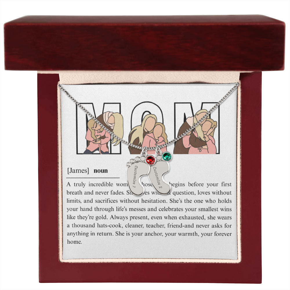 Personalized Mom Engraved Baby Feet Necklace with Birthstone