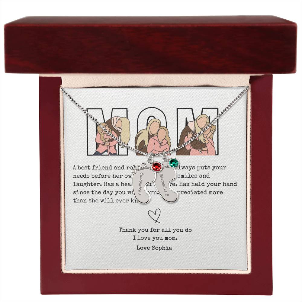 Personalized Mom Engraved Baby Feet Necklace with Birthstone