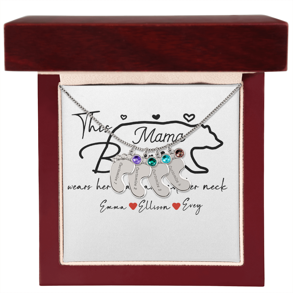 Personalized Mama Bear Engraved Baby Feet Necklace with Birthstone