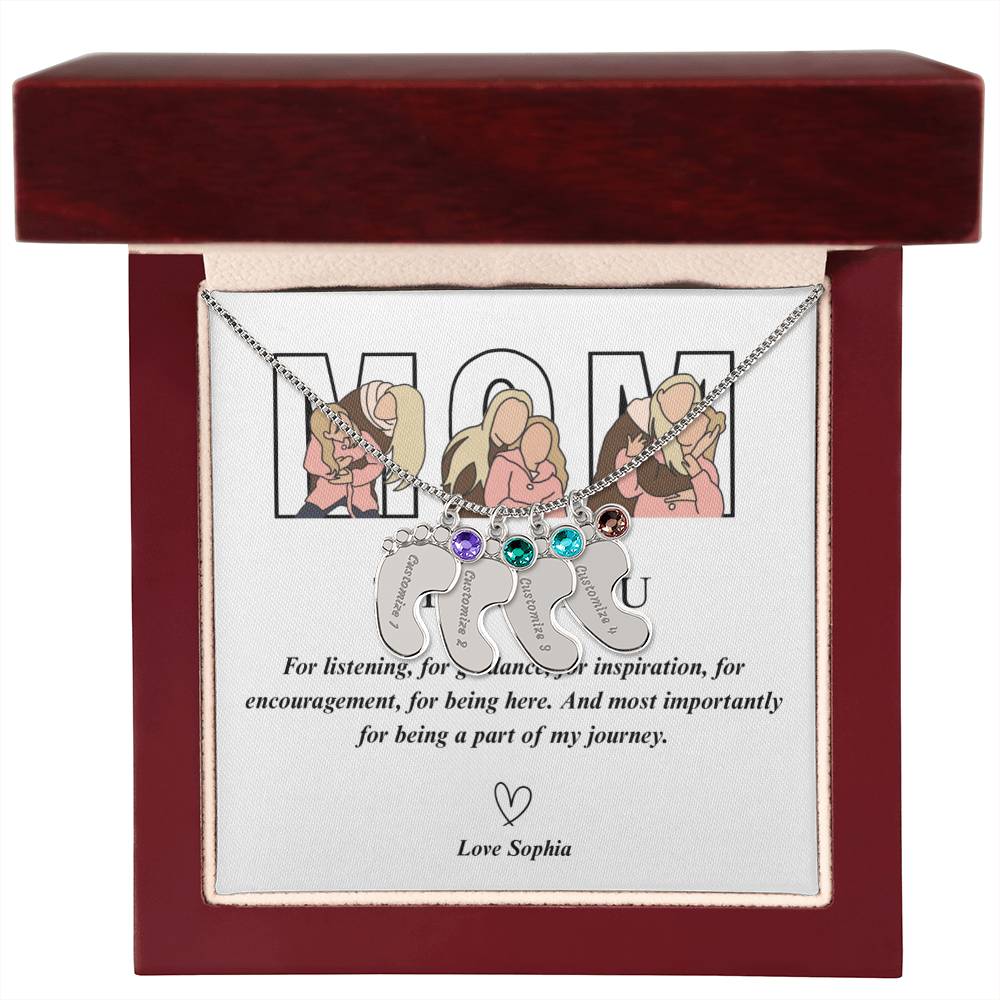 Personalized Thank You Mom Engraved Baby Feet Necklace with Birthstone