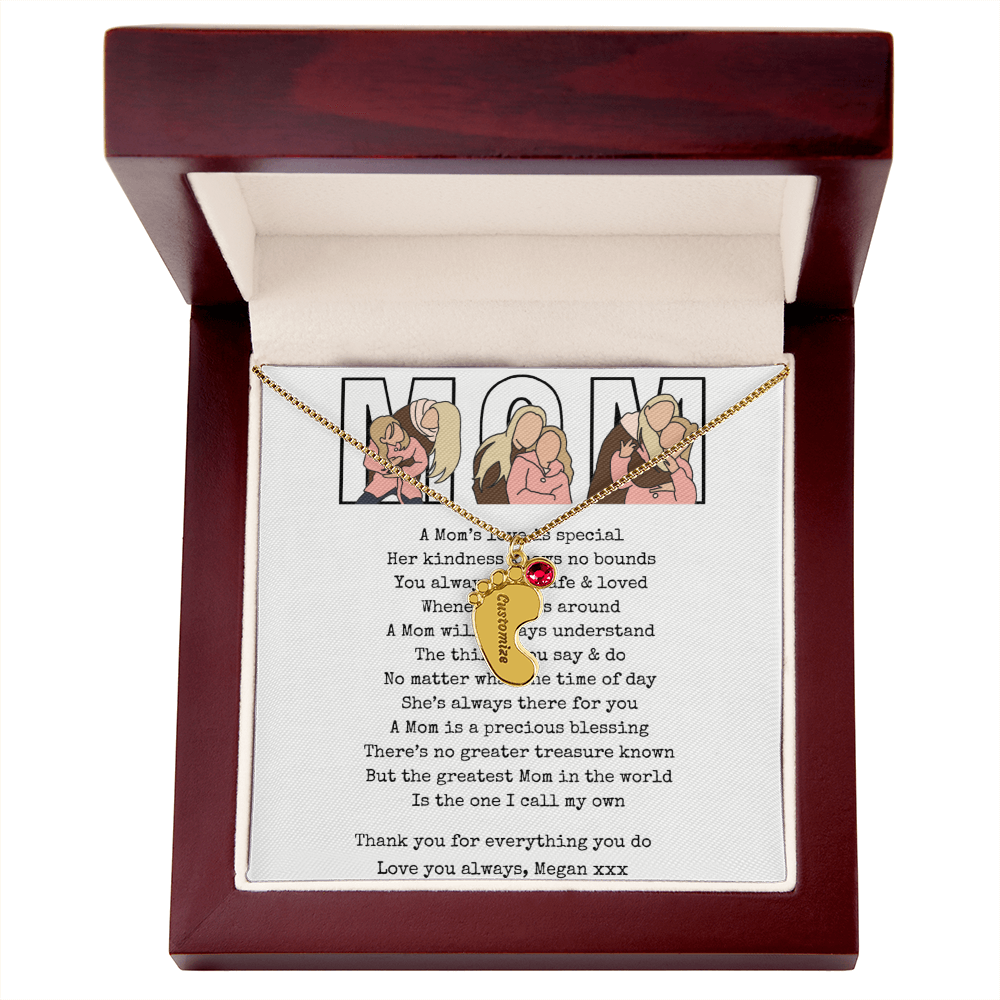 Personalized Mom Engraved Baby Feet Necklace with Birthstone