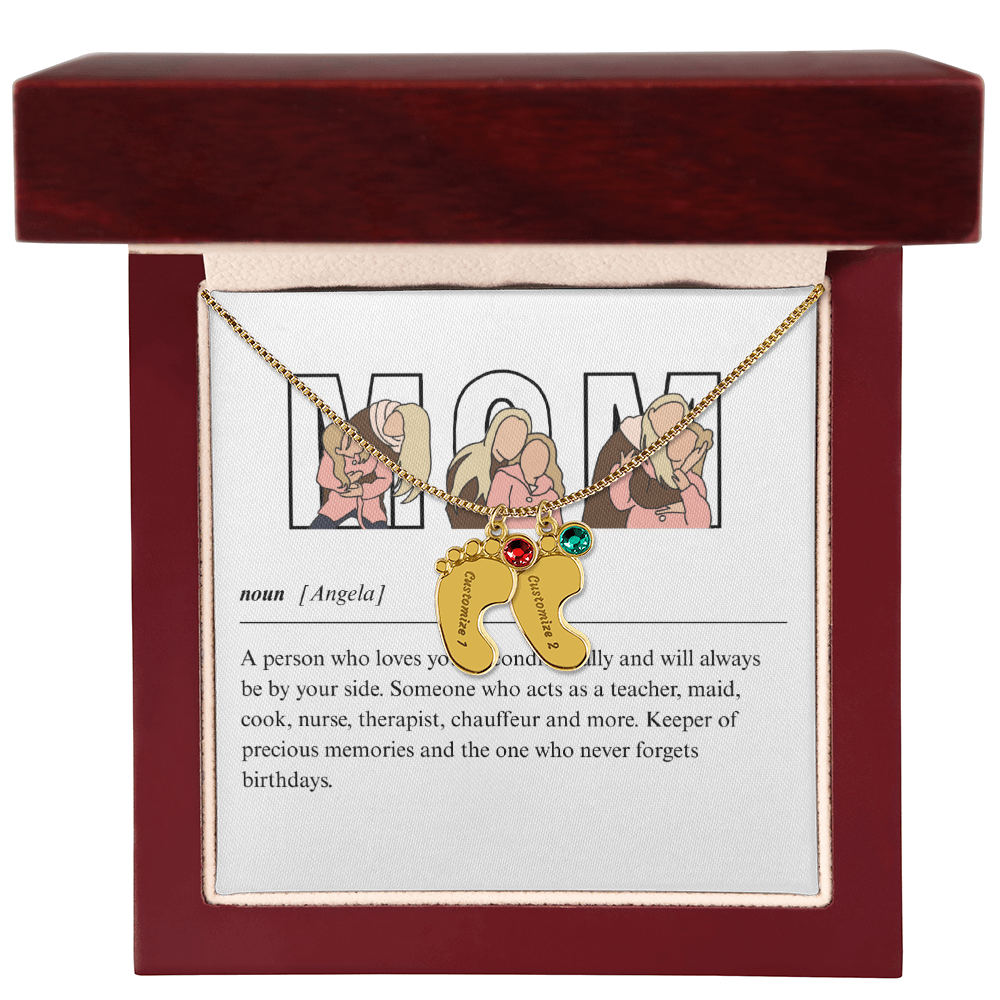 Custom Mom Engraved Baby Feet Necklace with Birthstone