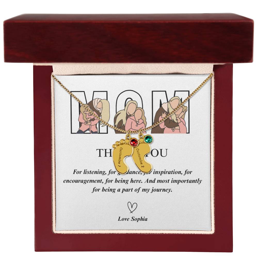 Personalized Thank You Mom Engraved Baby Feet Necklace with Birthstone