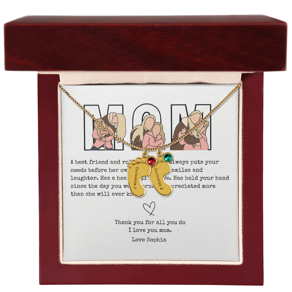 Personalized Mom Engraved Baby Feet Necklace with Birthstone