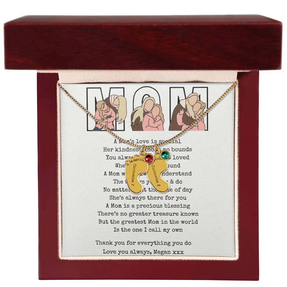Personalized Mom Engraved Baby Feet Necklace with Birthstone