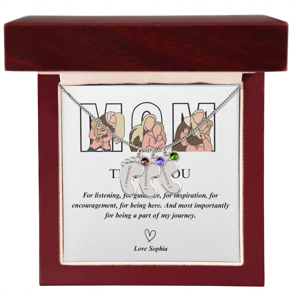 Personalized Thank You Mom Engraved Baby Feet Necklace with Birthstone
